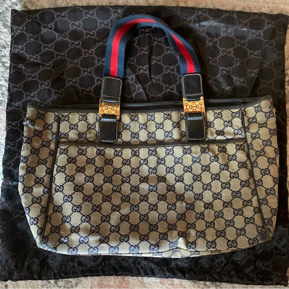 Authentic Gucci Tote Bag Gg Canvas Sherry Navy/Canvas